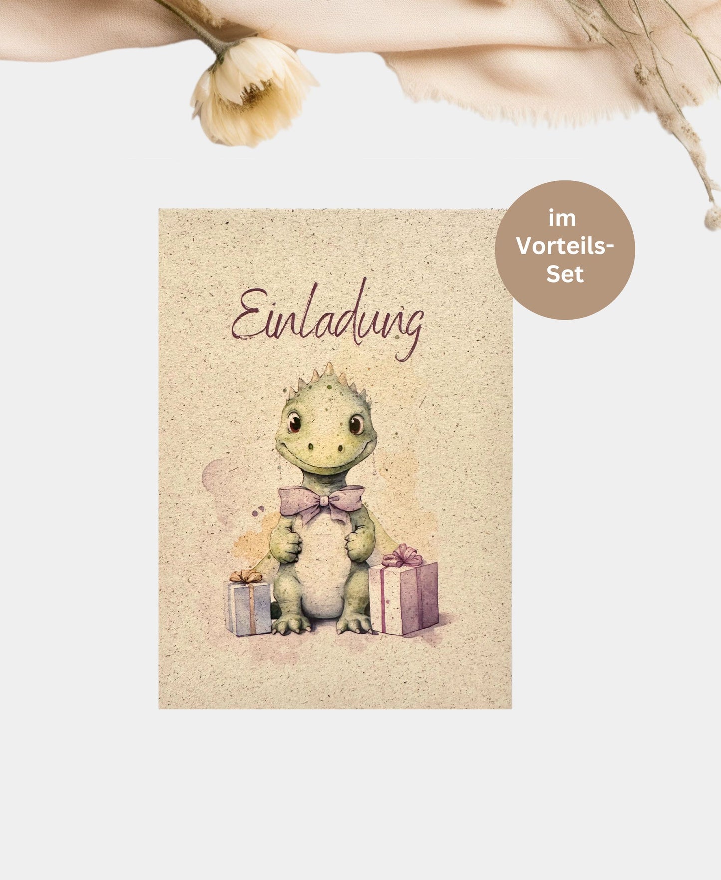 Dino Einladung Kindergeburtstag Set – A6 Einladungskarten aus Graspapier | nachhaltig & verspielt