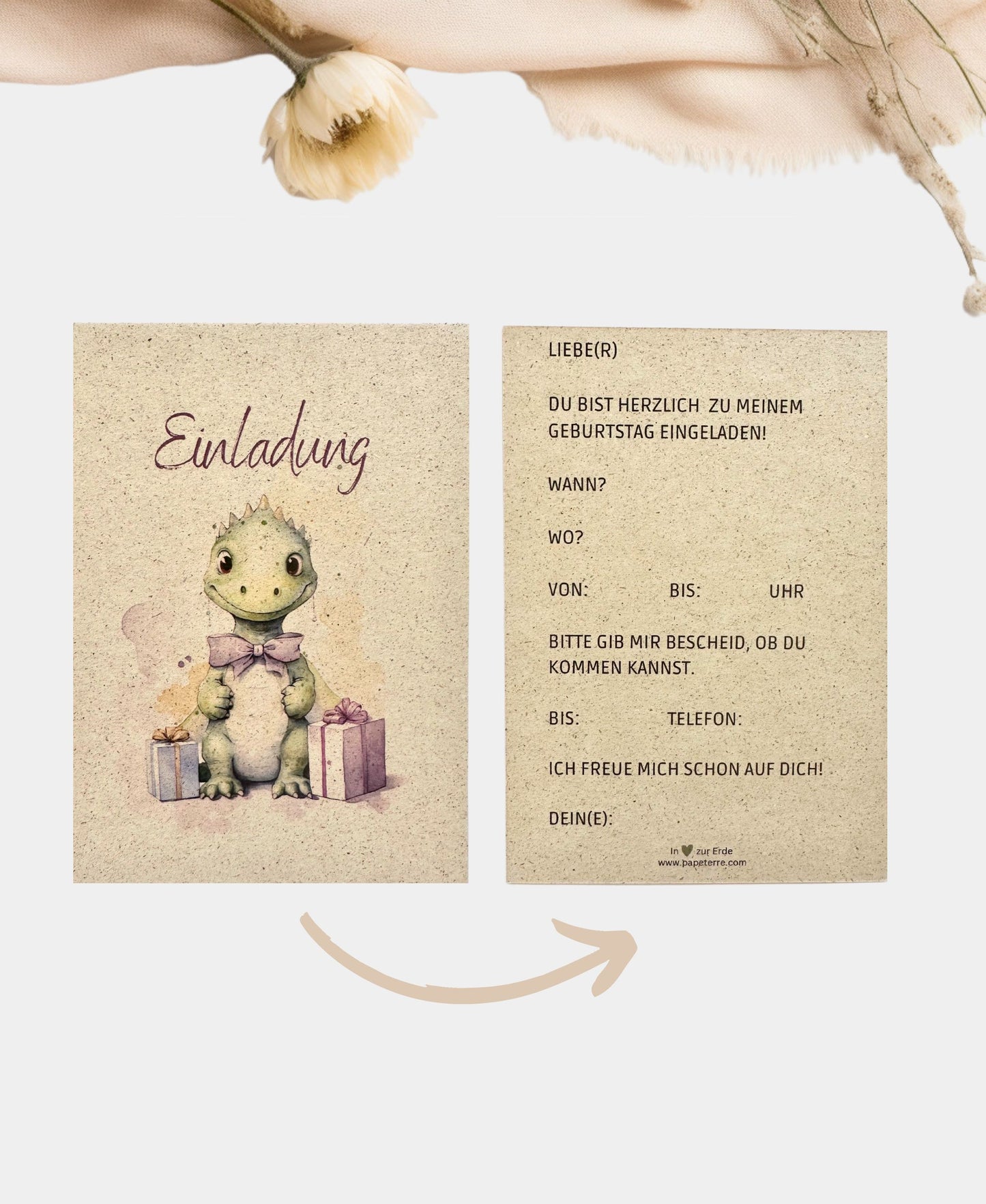 A6 Karte Graspapier - EINLADUNG DINO