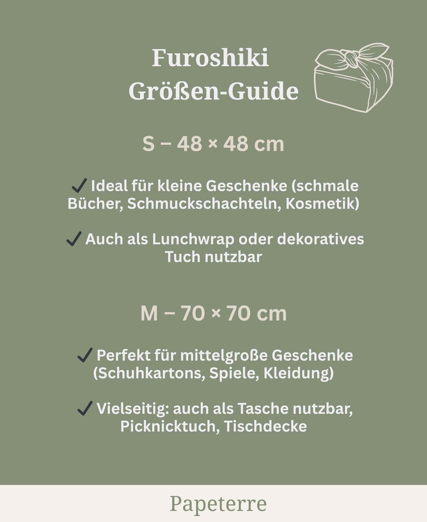 Furoshiki Größen Guide, nachhaltige Geschenkverpackungen, Geschenkpapier Alternative