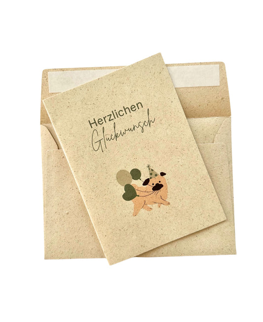 Geburtstagskarte Mops – Herzlichen Glückwunsch | Nachhaltige Graspapierkarte (A6)