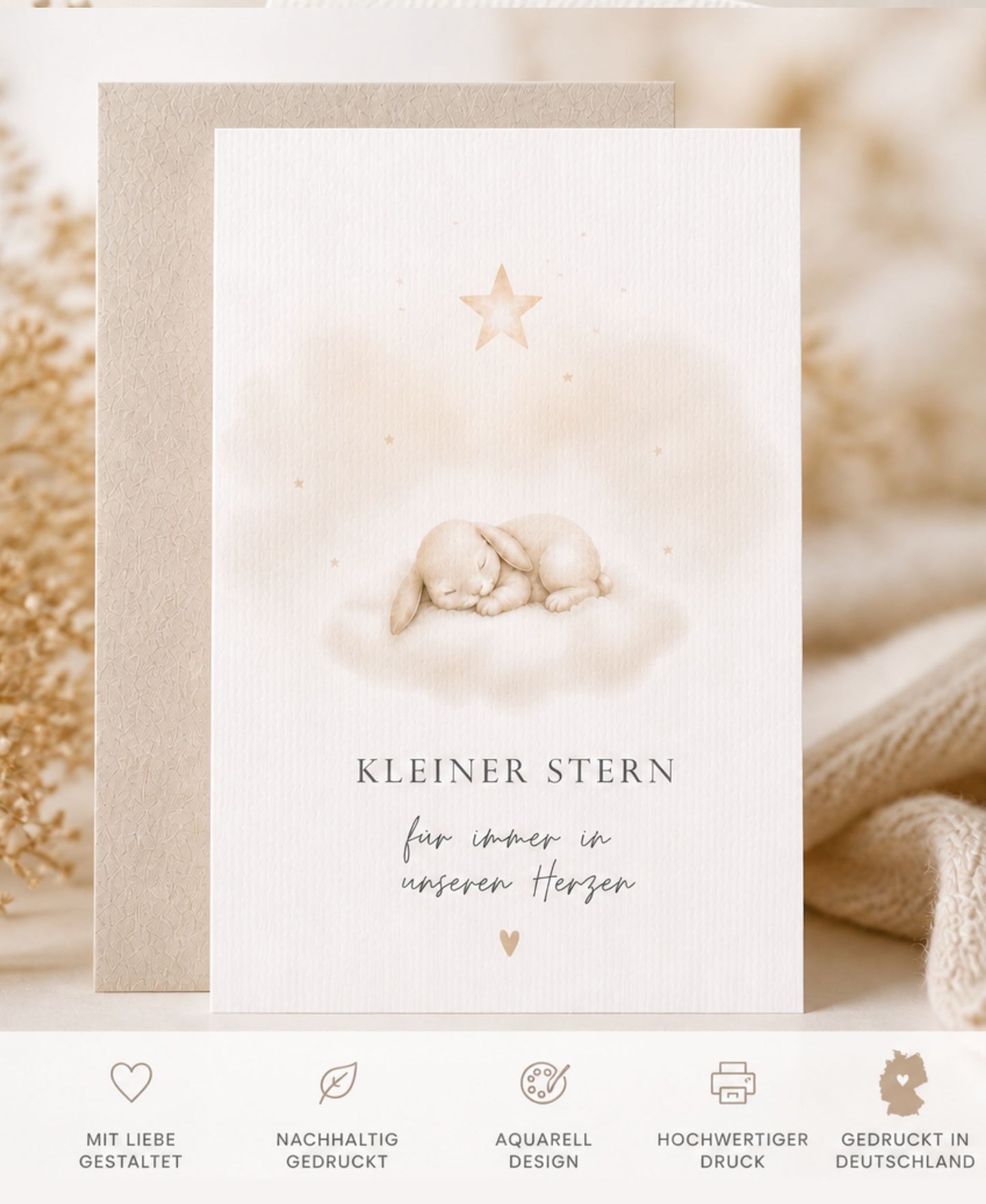 Sternenkind Karte auf Aquarellpapier | Trauerkarte Baby mit Graspapier Umschlag