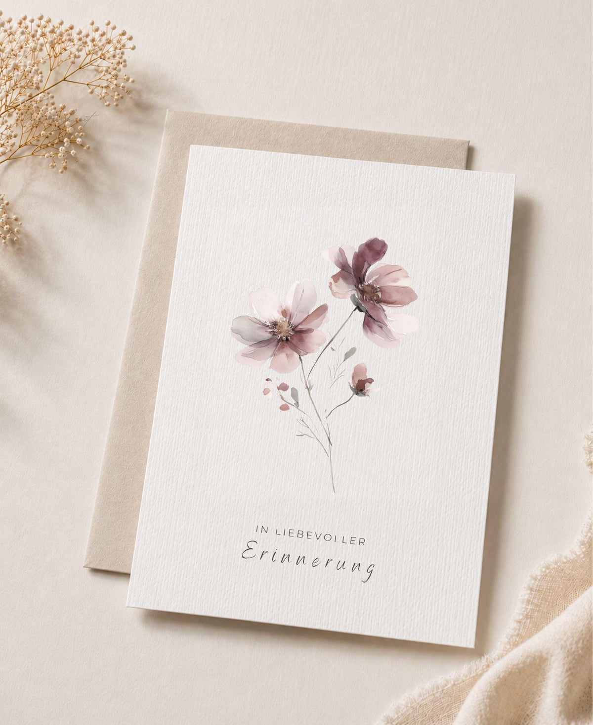 Trauerkarte Aquarell Blumen mit Umschlag aus Graspapier – nachhaltige Papeterie von Papeterre