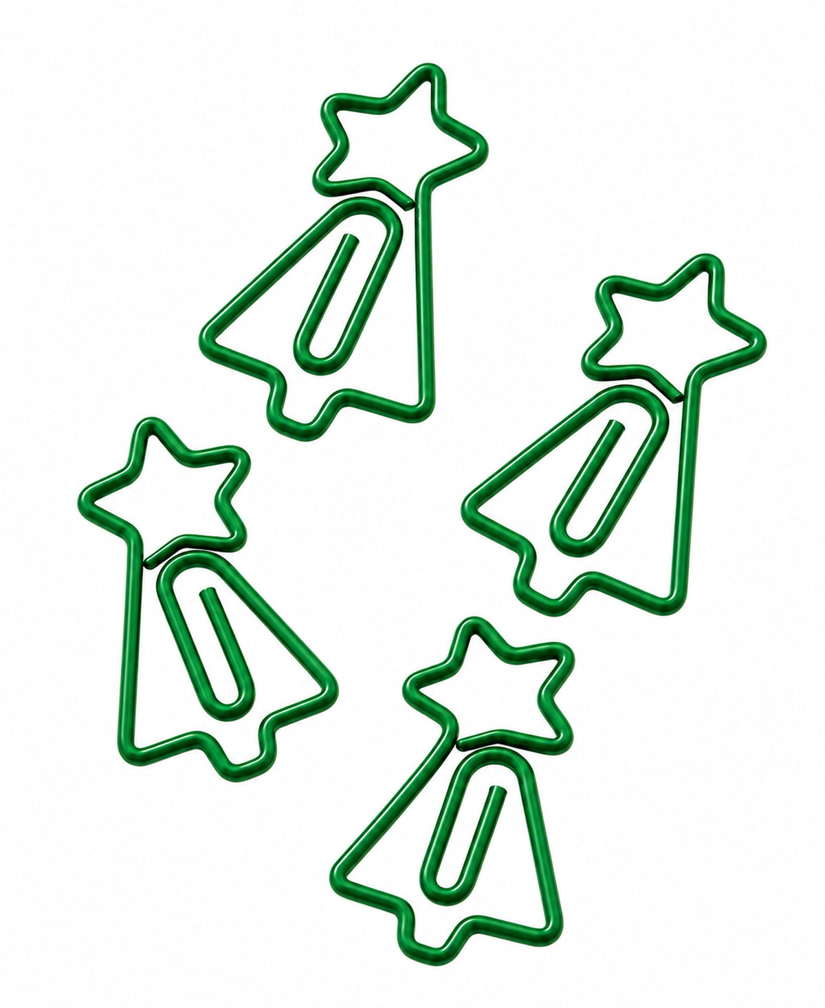 Vier grüne Weihnachtsbaum-Büroklammern mit Stern im 4er-Set auf weißem Hintergrund