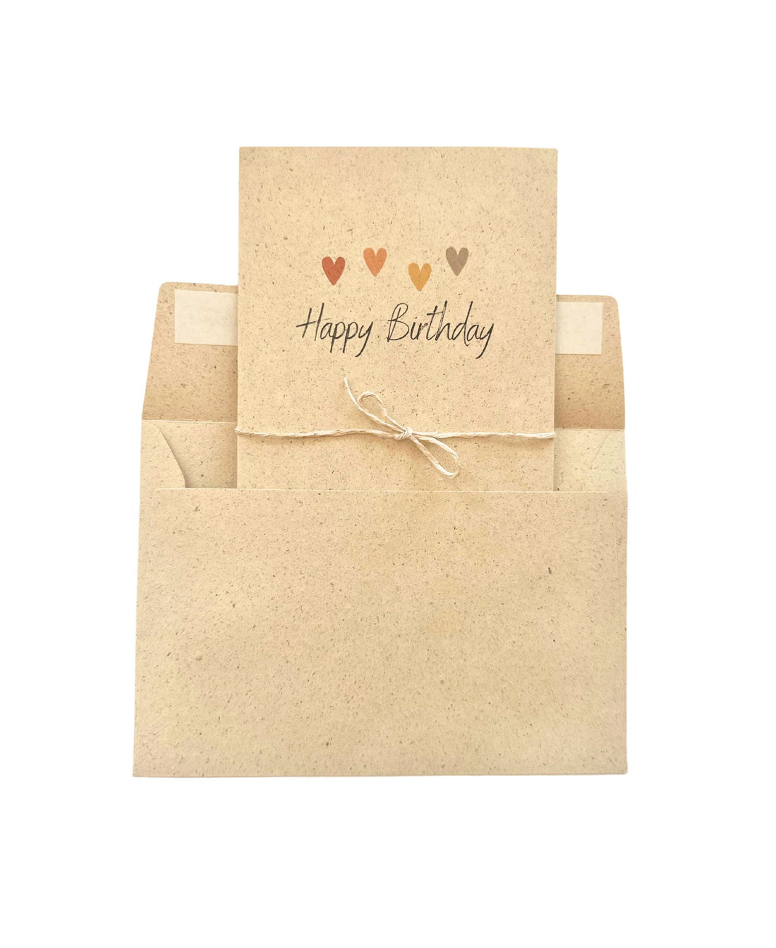 Klappkarte „Happy Birthday“ aus Graspapier mit goldenen Herzen
