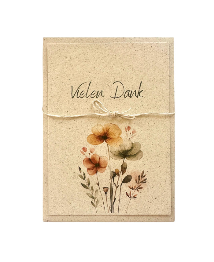 Dankeskarte „Vielen Dank“ aus Graspapier mit Aquarellblumen