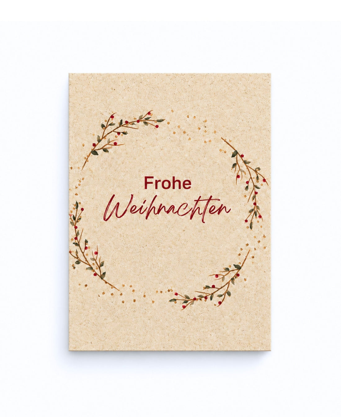 Weihnachtskarte aus Graspapier mit Schriftzug Fröhliche Weihnachten und Aquarell-Motiv