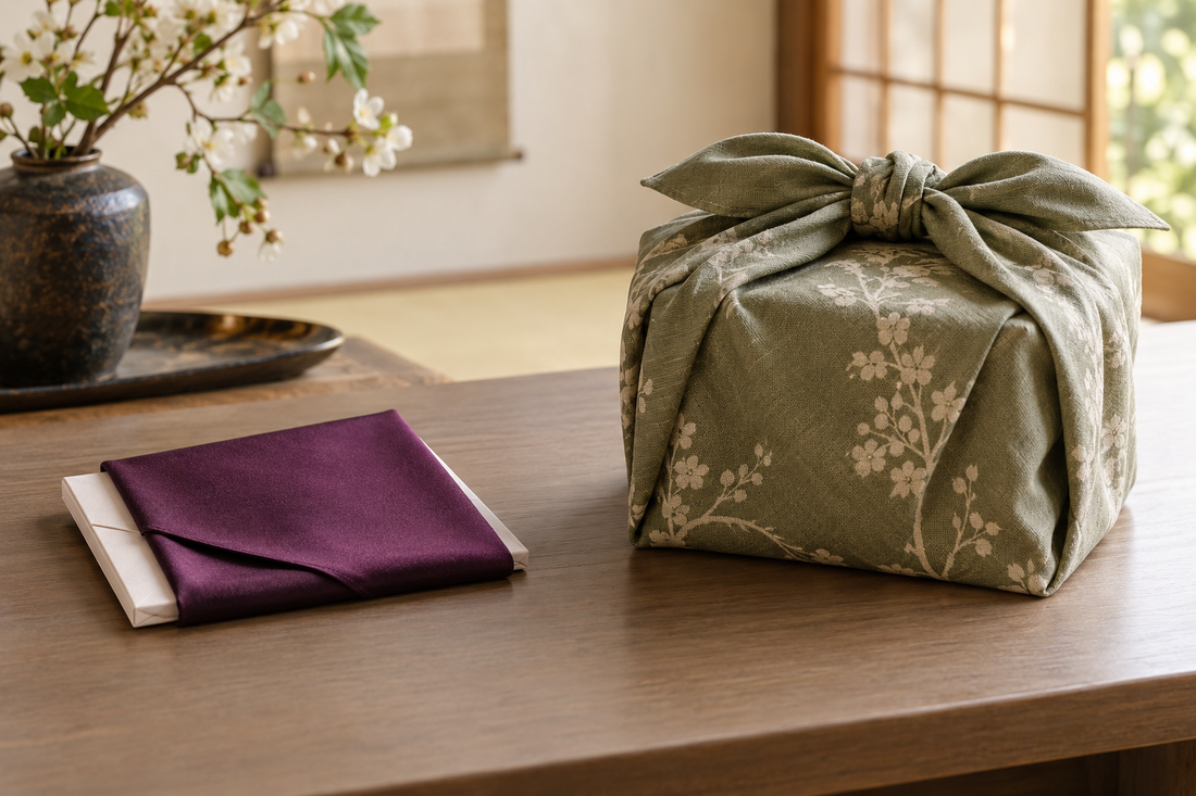 Kleines Fukusa-Tuch neben einem größeren Furoshiki-Geschenk