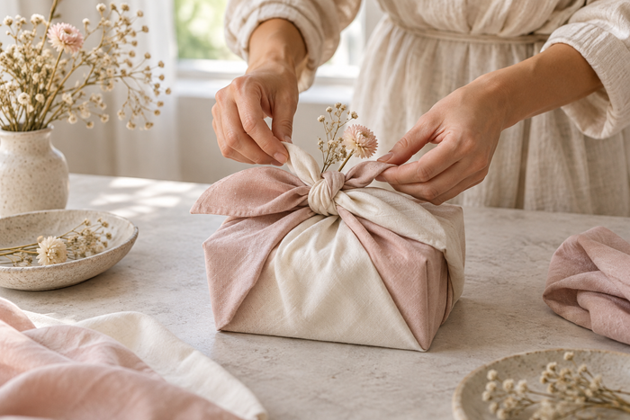 Hände gestalten ein Hochzeitsgeschenk mit rosa-weißem Furoshiki
