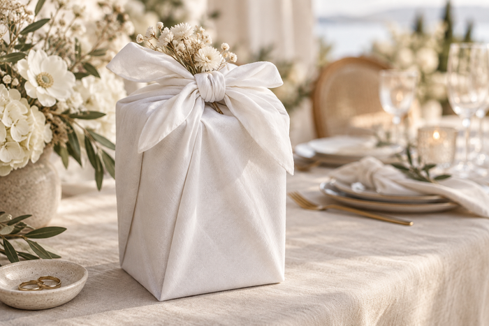 Weißes Furoshiki um ein Hochzeitsgeschenk mit Trockenblumen