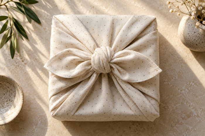 Geschenk mit hellem gepunktetem Furoshiki-Tuch kunstvoll geknotet