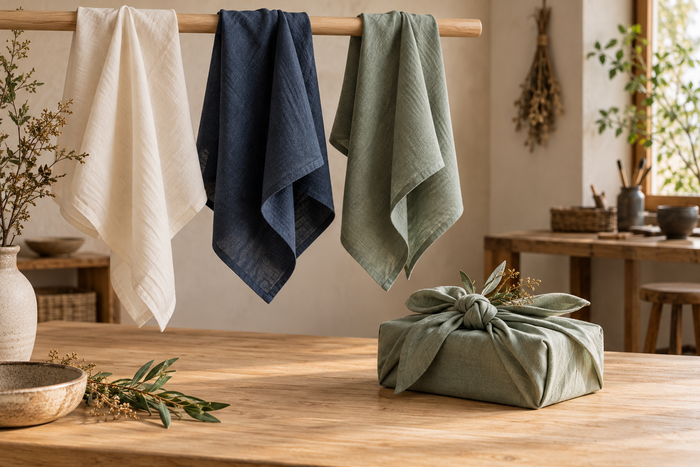 Furoshiki-Tücher in Naturfarben und ein traditionell mit Stoff verpacktes Geschenk