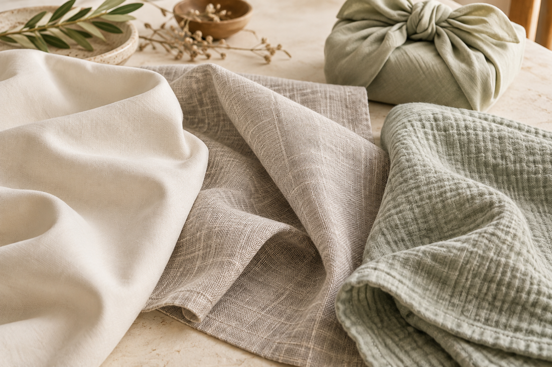Baumwolle, Leinen und Musselin als Stoffe für Furoshiki im Vergleich