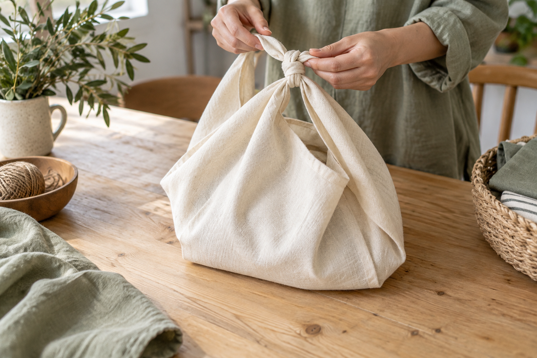 Hände knoten ein Furoshiki-Tuch zu einer Tasche