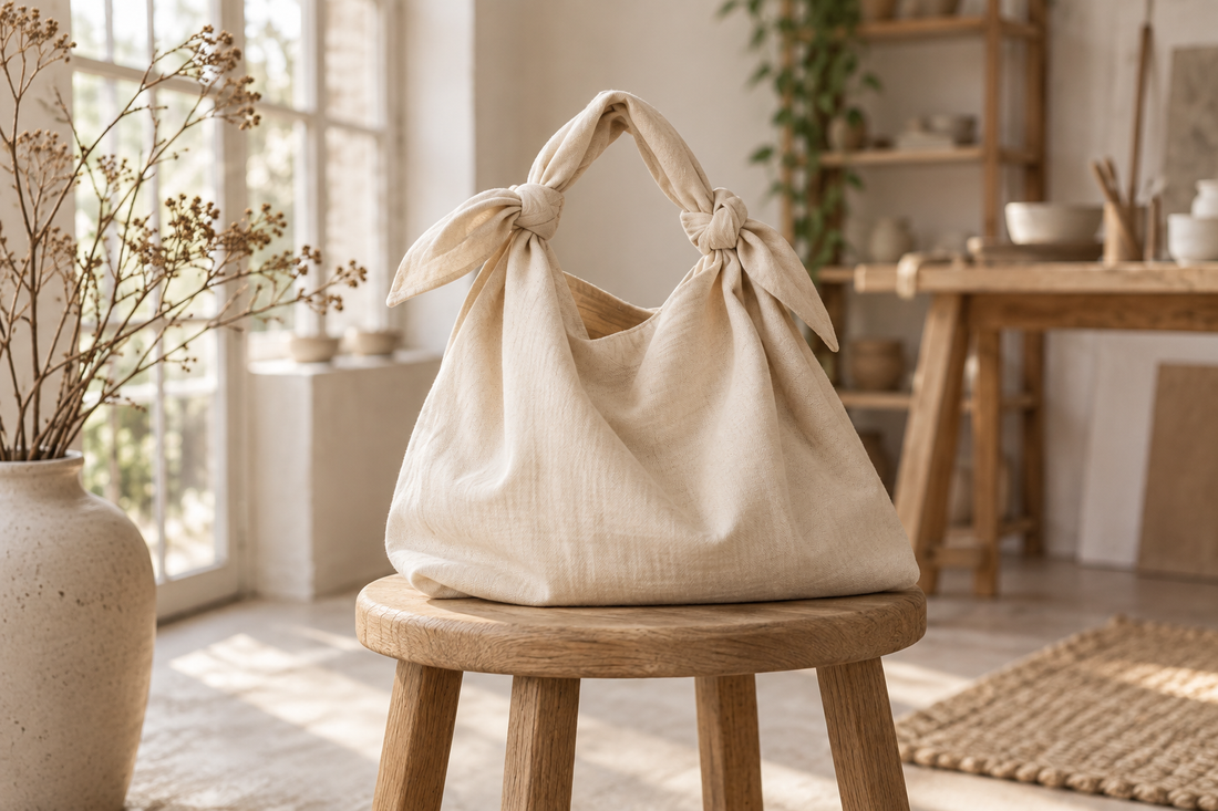 Aus einem cremefarbenen Furoshiki geknotete Stofftasche