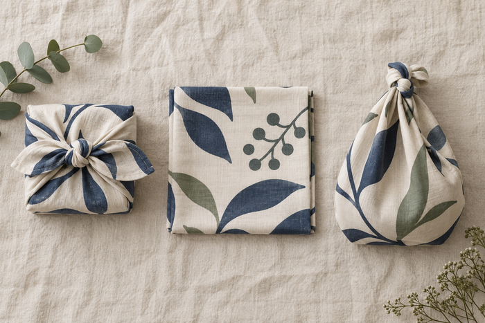 Furoshiki-Tuch als Geschenkverpackung, gefaltetes Tuch und Stoffbeutel