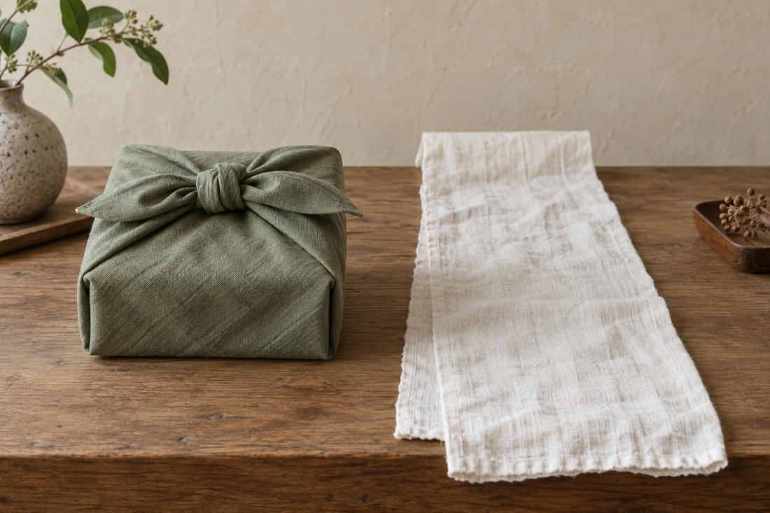 Quadratisches Furoshiki neben länglichem Tenugui-Tuch