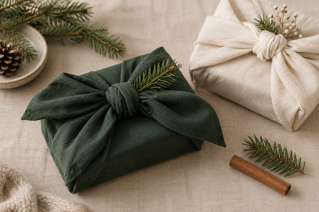 Weihnachtsgeschenke in grünen und cremefarbenen Furoshiki-Tüchern