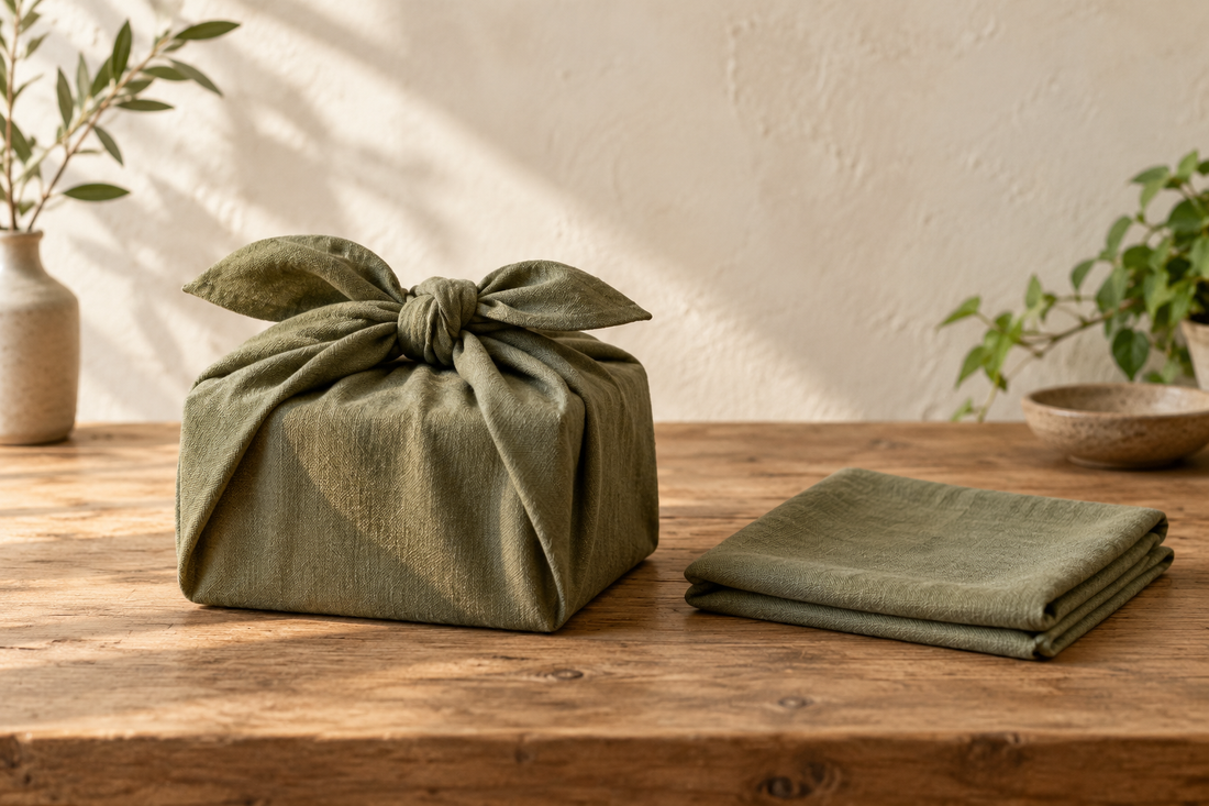 Geschenk im olivgrünen Furoshiki und gefaltetes Tuch zur Wiederverwendung