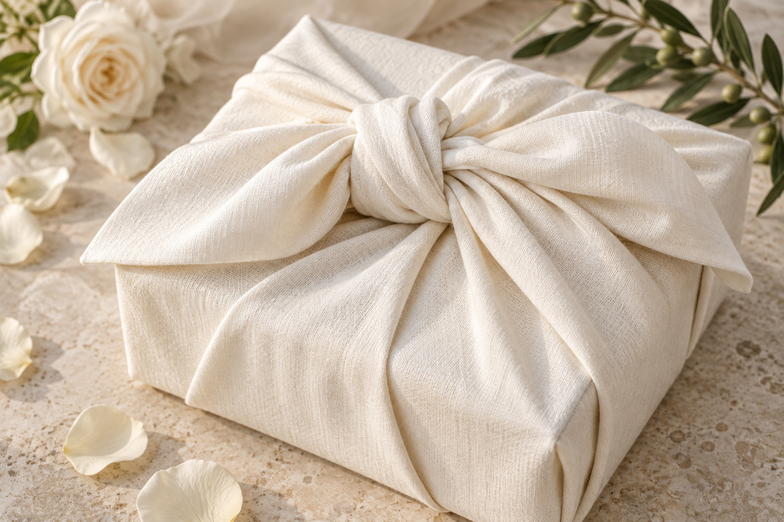 Weißes Furoshiki mit Stoffknoten als Hochzeitsgeschenkverpackung