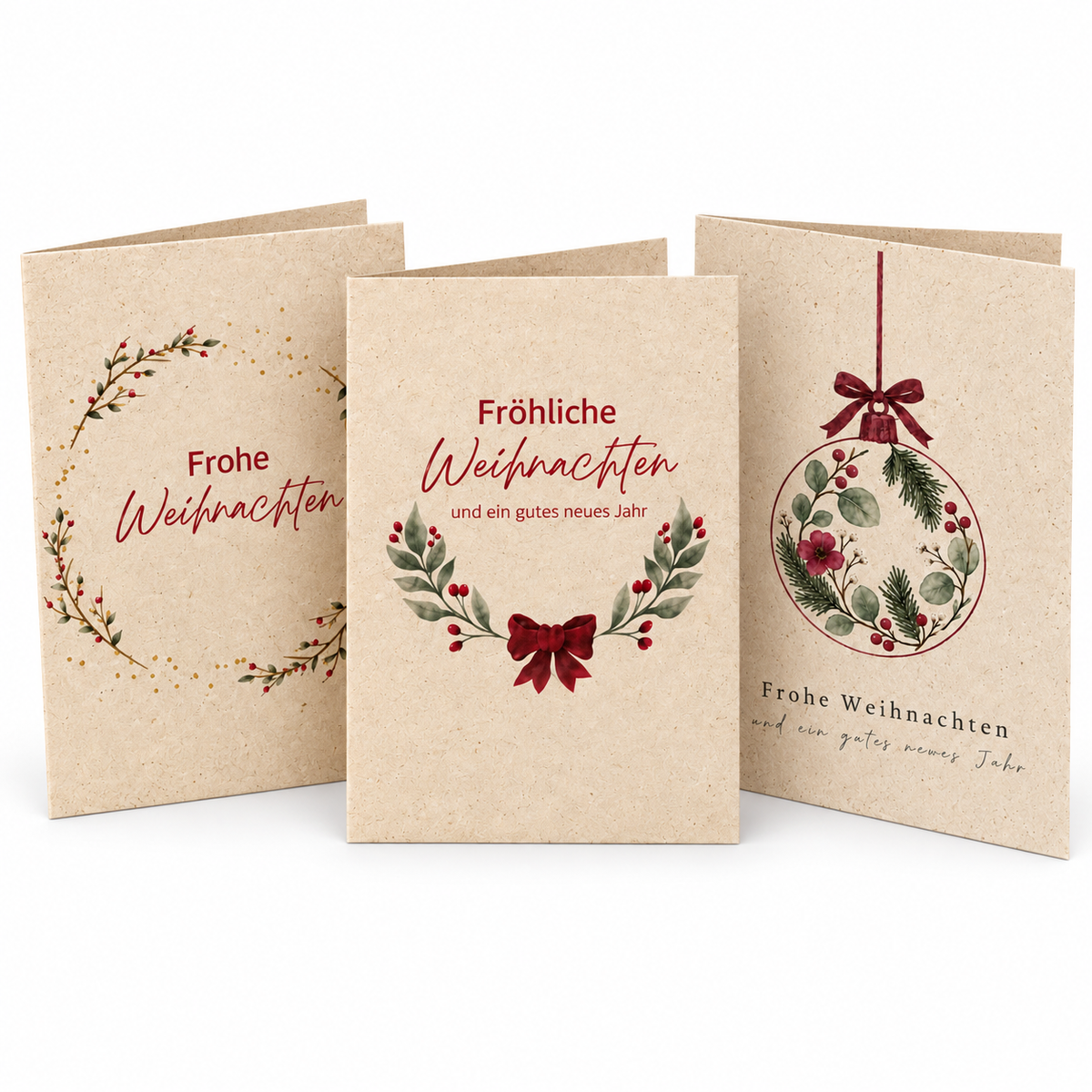 3er-Set Weihnachtskarten aus Graspapier mit drei Aquarellmotiven auf weißem Hintergrund