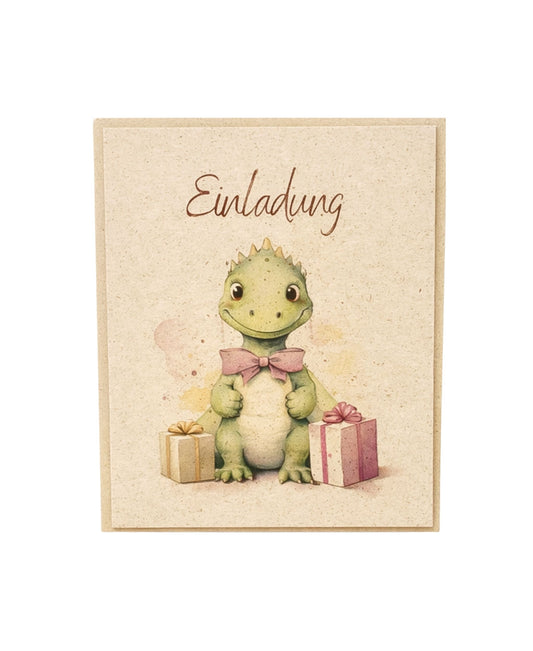 Dino Einladung Kindergeburtstag Set – A6 Einladungskarten aus Graspapier | nachhaltig & verspielt