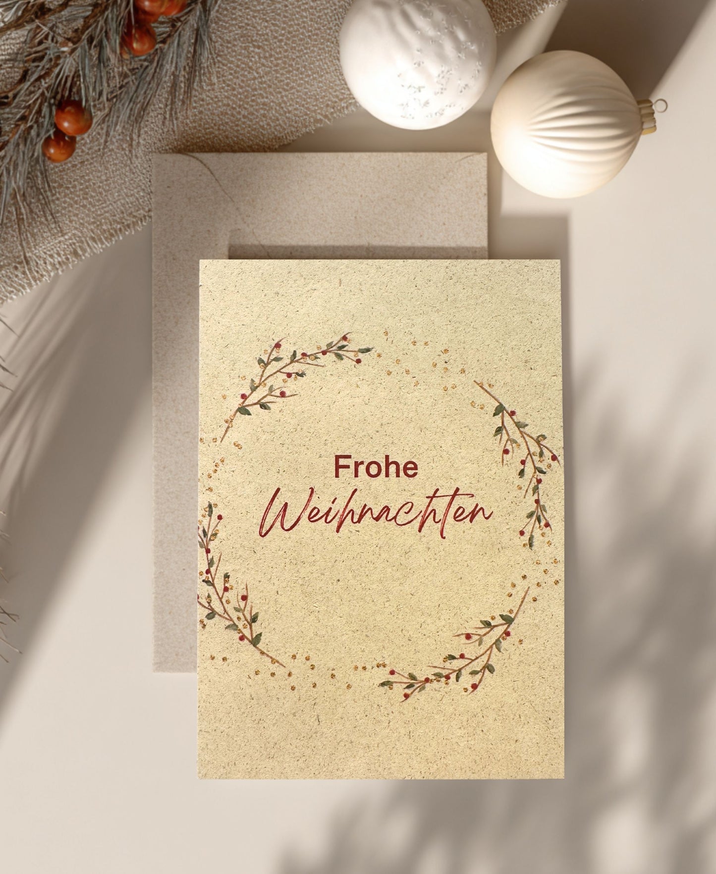 Nachhaltige Weihnachtskarte aus Graspapier mit dem Schriftzug „Fröhliche Weihnachten“ im minimalistischen Aquarell-Design. Umweltfreundlich, plastikfrei, klimaneutral produziert in Deutschland. Perfekt für nachhaltige Weihnachtspost.