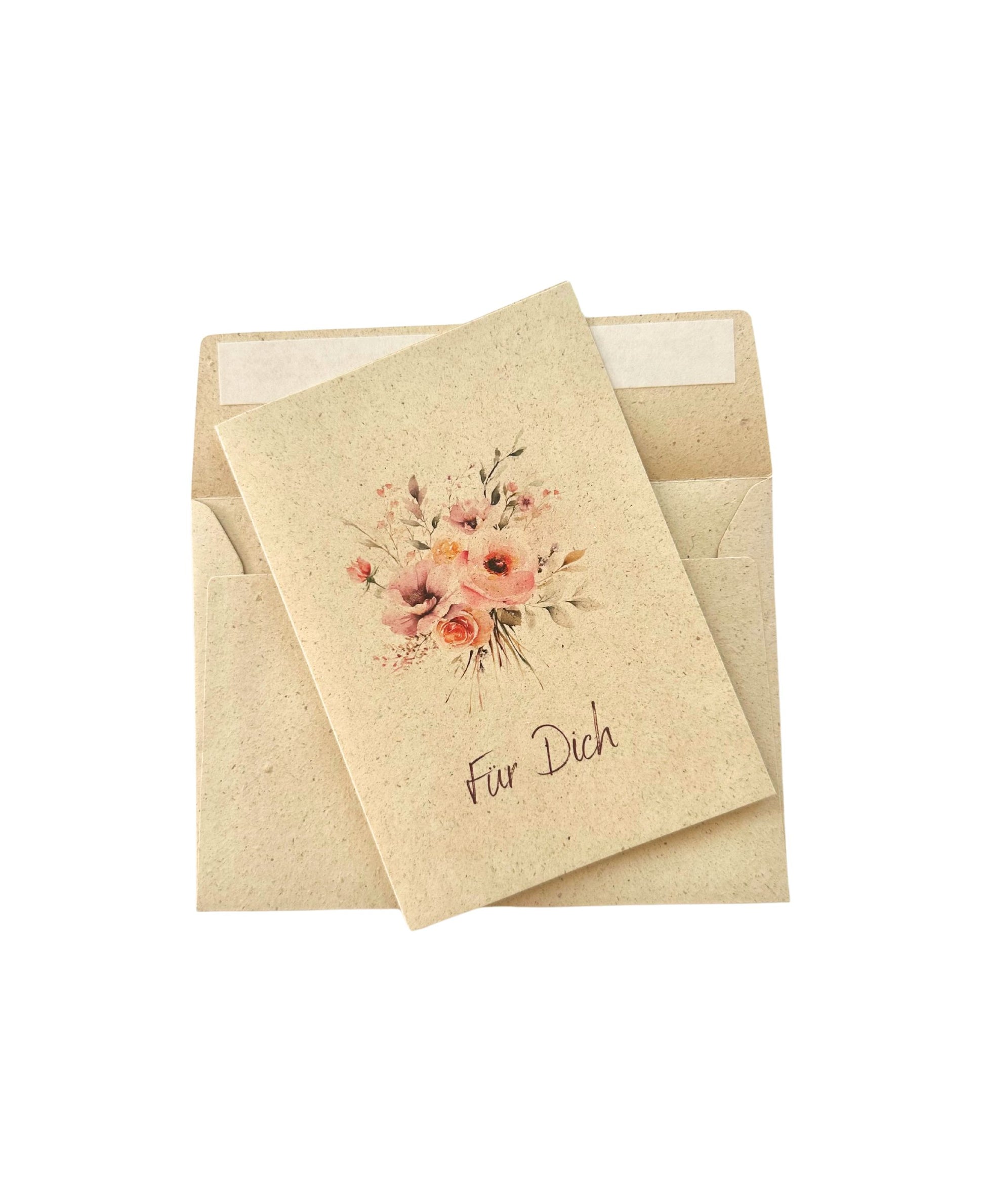 Karte "Für Dich" aus Graspapier mit Aquarellkarte und Umschlag aus Gras