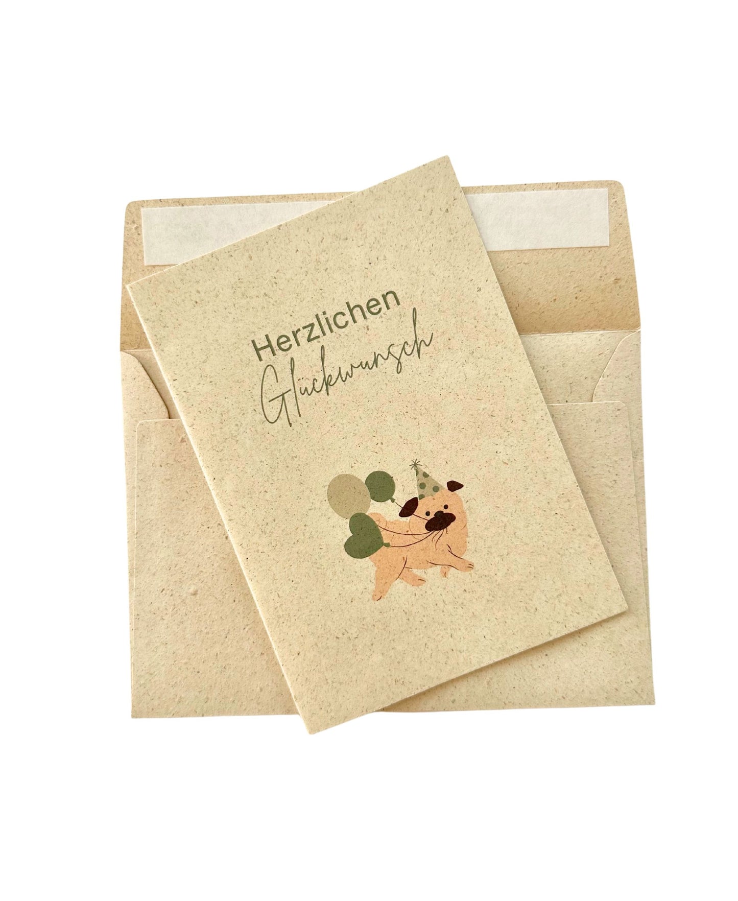 Klappkarte aus Graspapier "herzlichen Glückwunsch" Mops mit Luftballons