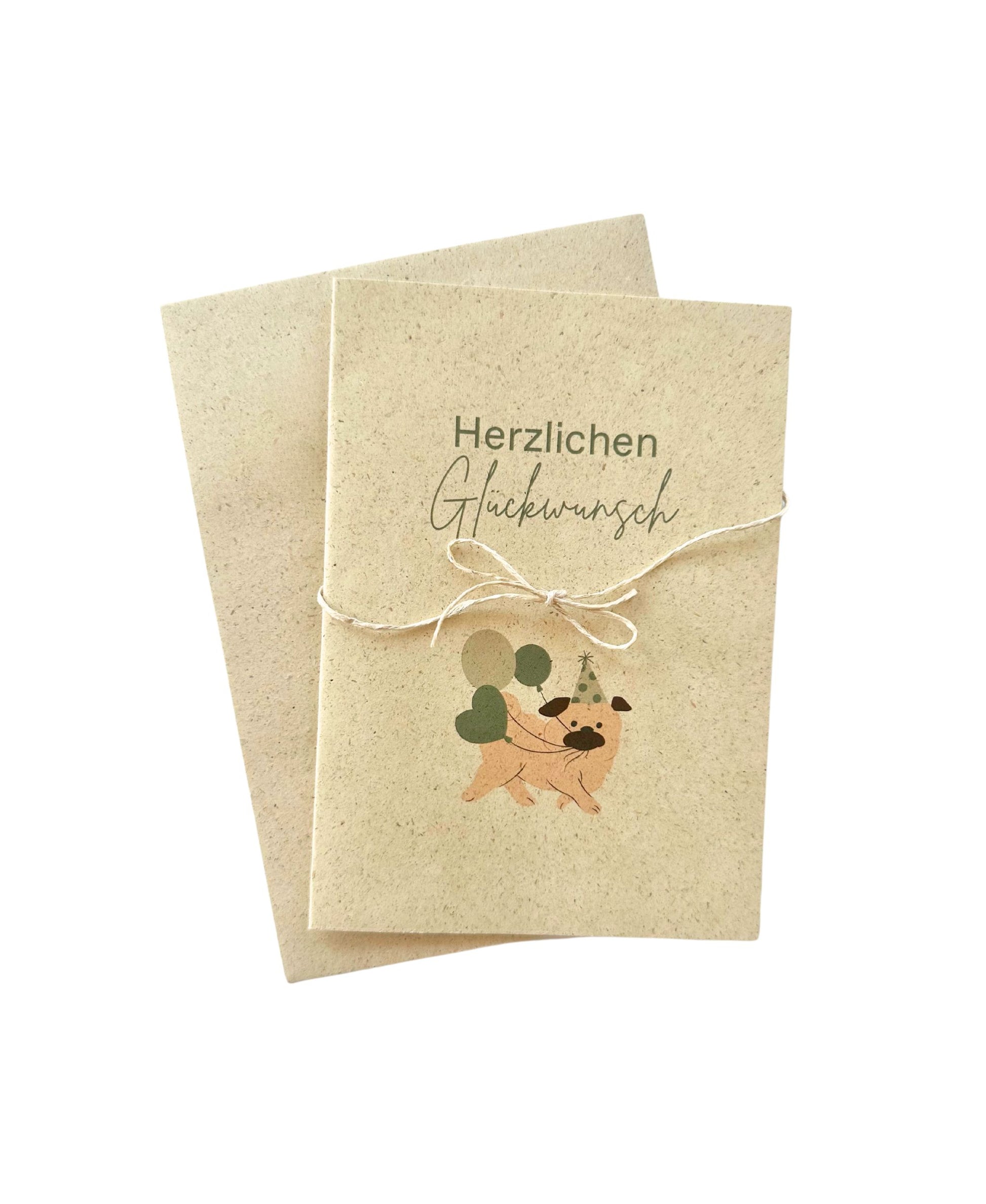 Graspapier Geburtstags-Klappkarte Mops "herzlichen Glückwunsch" 