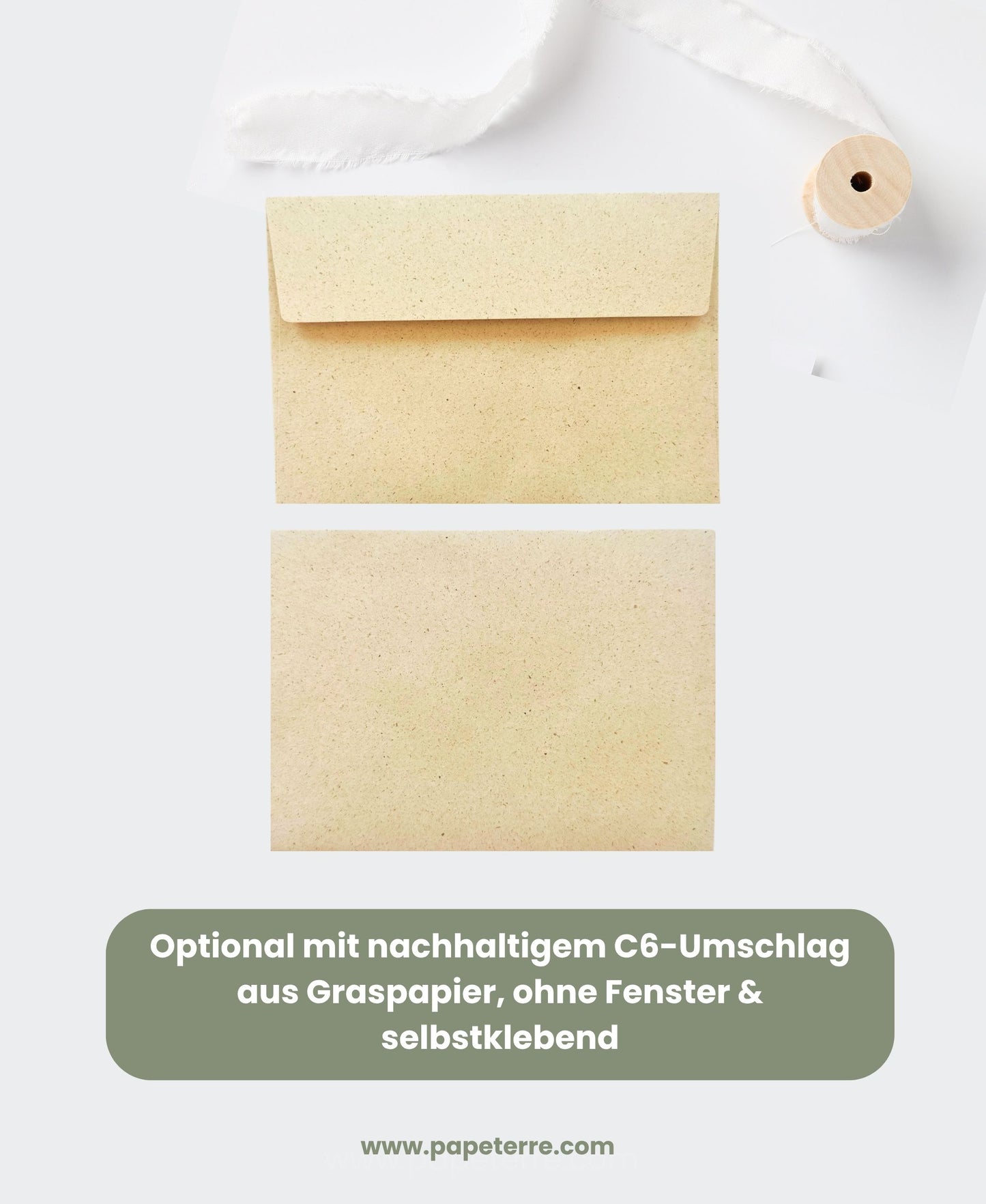 Nachhaltiger Umschlag aus Graspapier im C6-Format – plastikfrei, vegan und klimaneutral in Deutschland produziert. Perfekt passend zu Papeterre-Graspapierkarten. Umweltfreundliche Alternative zu herkömmlichen Papierumschlägen.