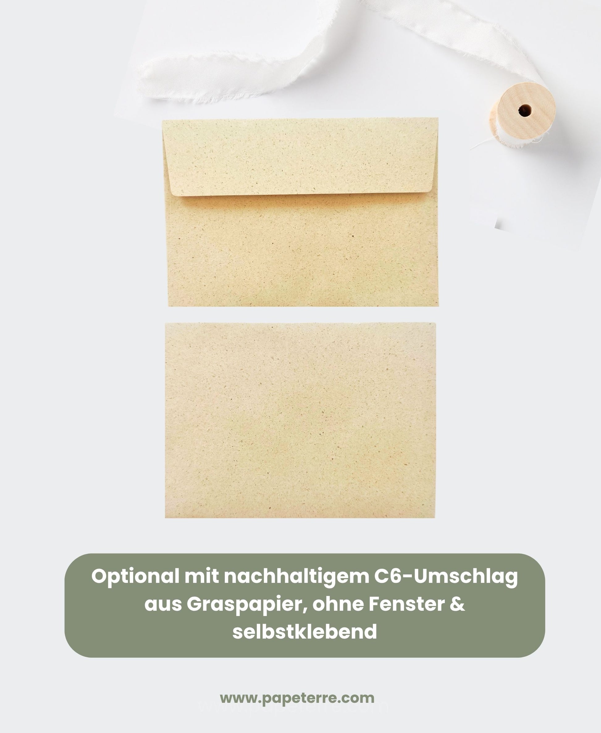Nachhaltiger Umschlag aus Graspapier im C6-Format – plastikfrei, vegan und klimaneutral in Deutschland produziert. Perfekt passend zu Papeterre-Graspapierkarten. Umweltfreundliche Alternative zu herkömmlichen Papierumschlägen.