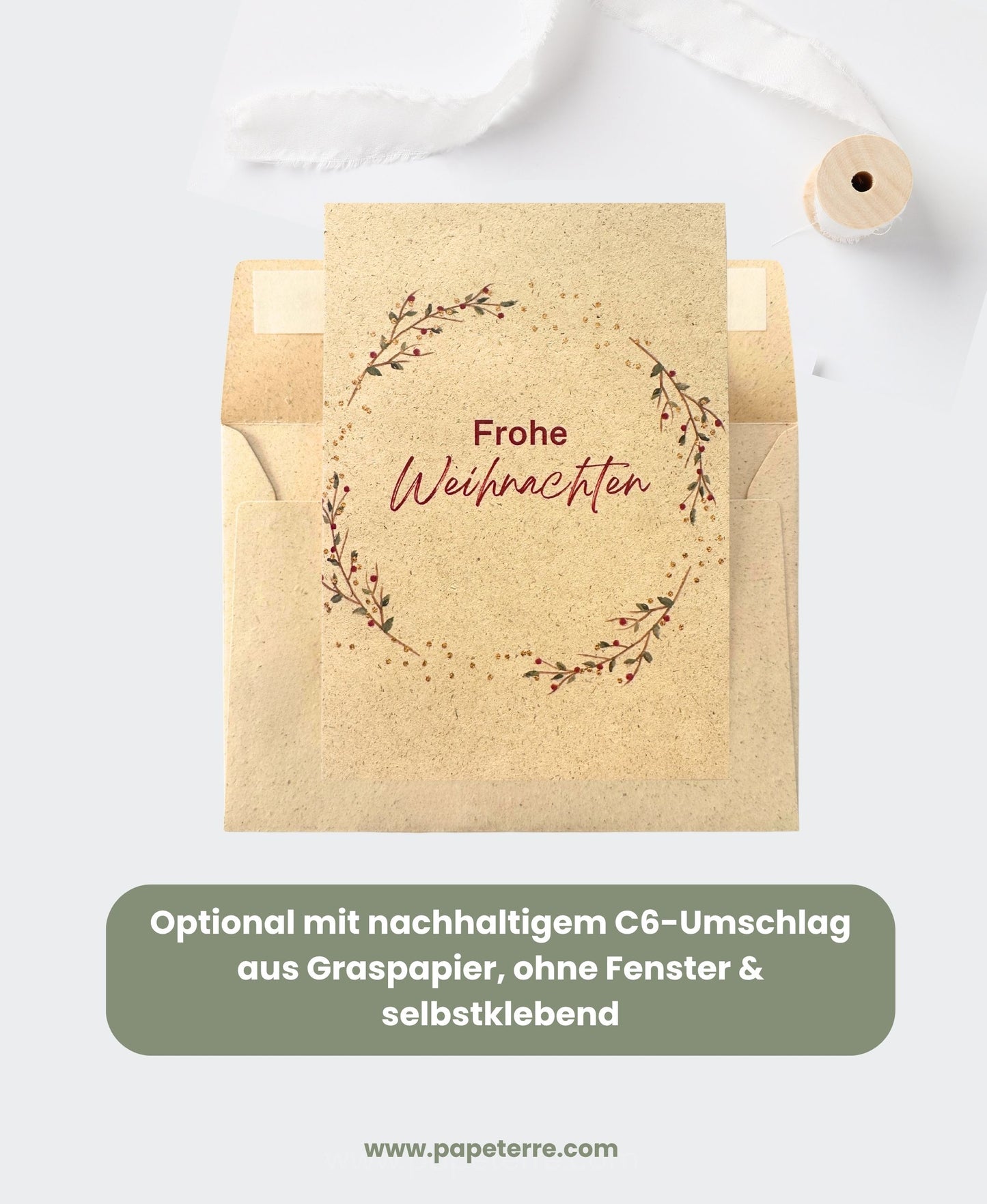 Graspapier Weihnachtskarte A6 mit passendem Umschlag – plastikfrei, vegan und klimaneutral gedruckt. Nachhaltige Alternative zu herkömmlichen Karten, liebevoll designt in Deutschland.