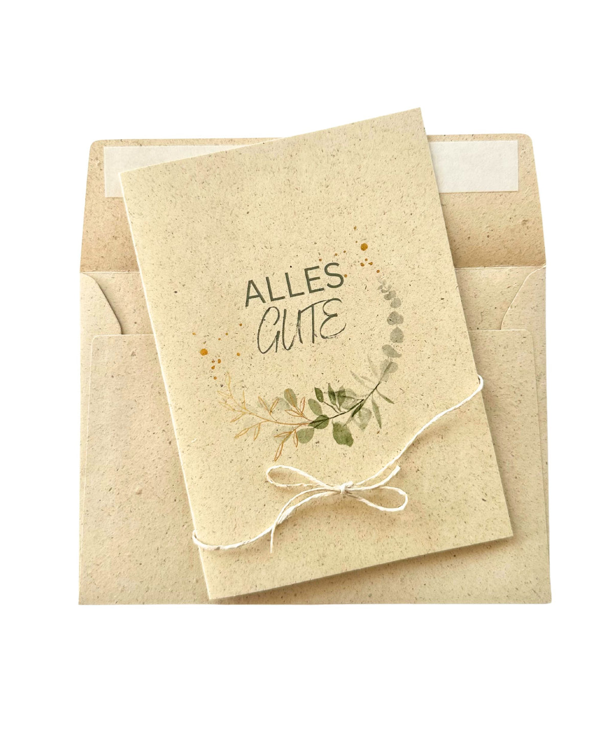 Geburtstagskarte „Alles Gute“ aus Graspapier mit Aquarellblumen in Salbeigrün