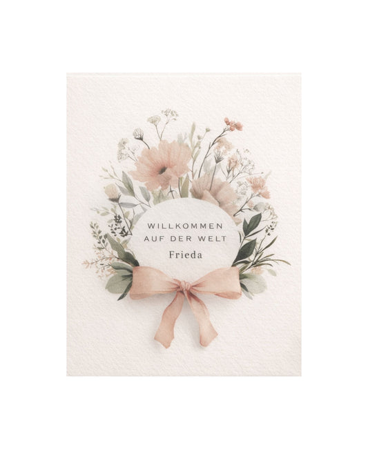 Personalisierte Geburtskarte A6 im Aquarellstil mit Wildblumen, online Papeterie von Papeterre