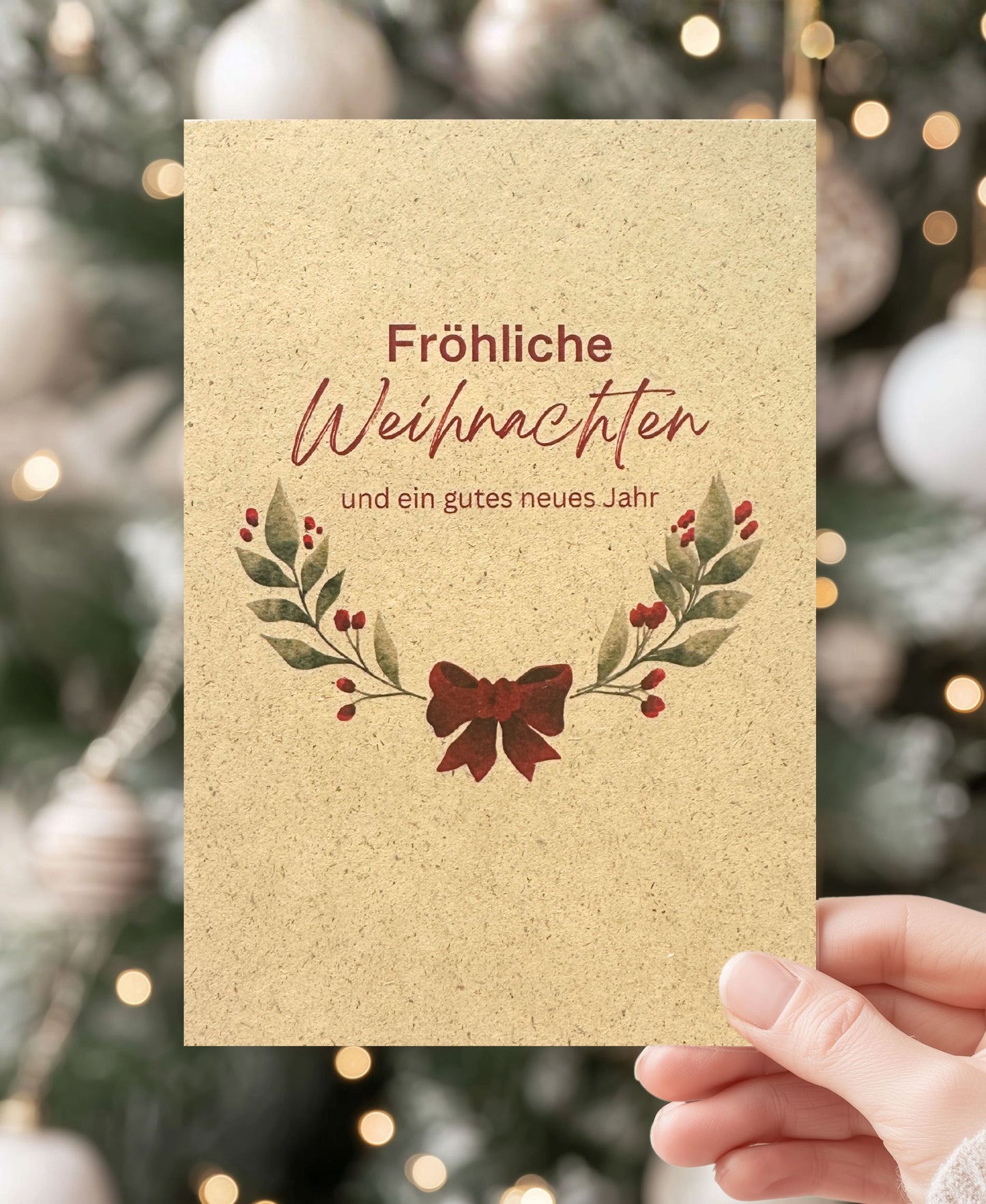 Nachhaltige Weihnachtskarte aus Graspapier mit dem Schriftzug „Fröhliche Weihnachten“ im minimalistischen Aquarell-Design. Umweltfreundlich, plastikfrei, klimaneutral produziert in Deutschland. Perfekt für nachhaltige Weihnachtspost.