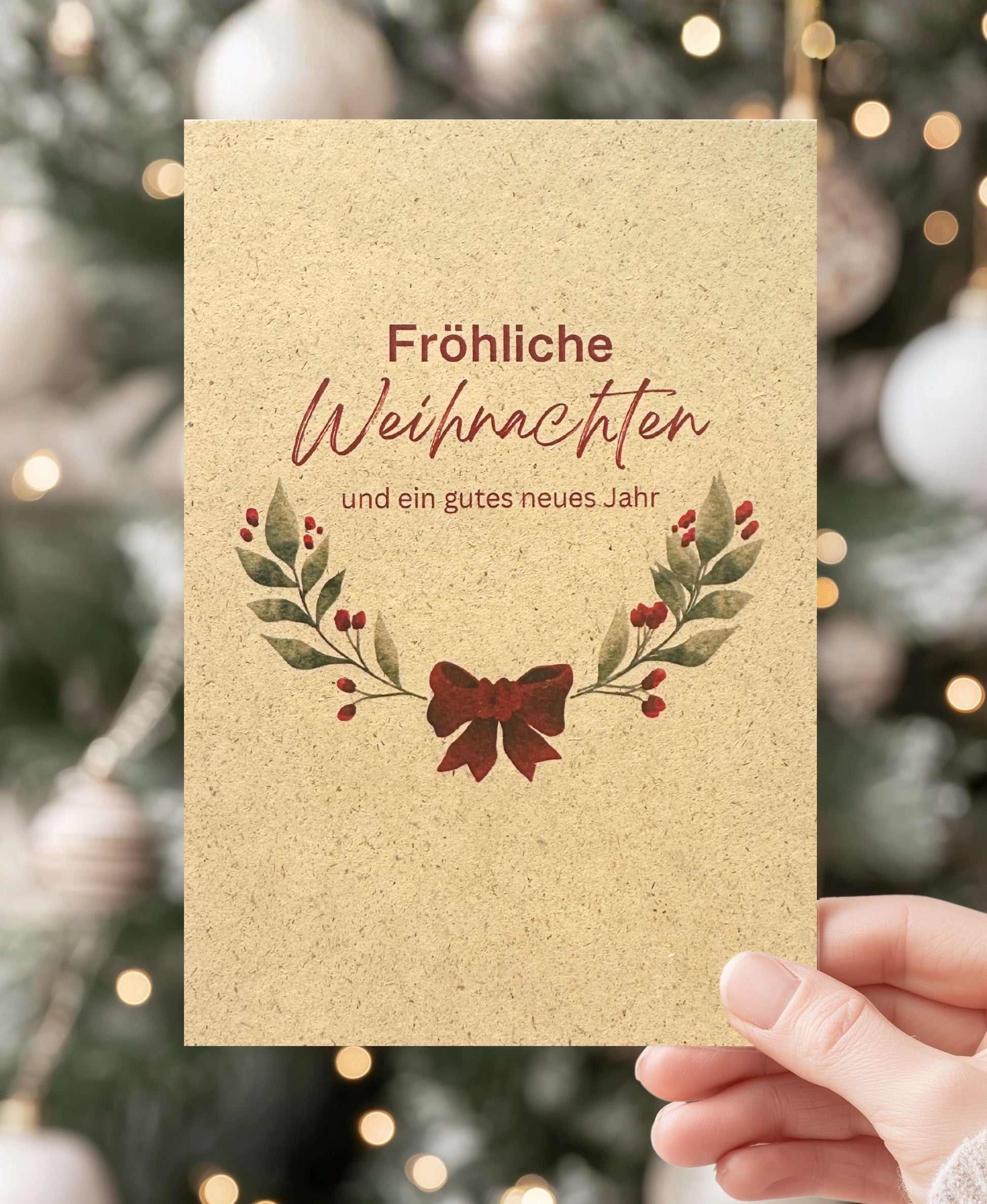 Nachhaltige Weihnachtskarte aus Graspapier mit dem Schriftzug „Fröhliche Weihnachten“ im minimalistischen Aquarell-Design. Umweltfreundlich, plastikfrei, klimaneutral produziert in Deutschland. Perfekt für nachhaltige Weihnachtspost.