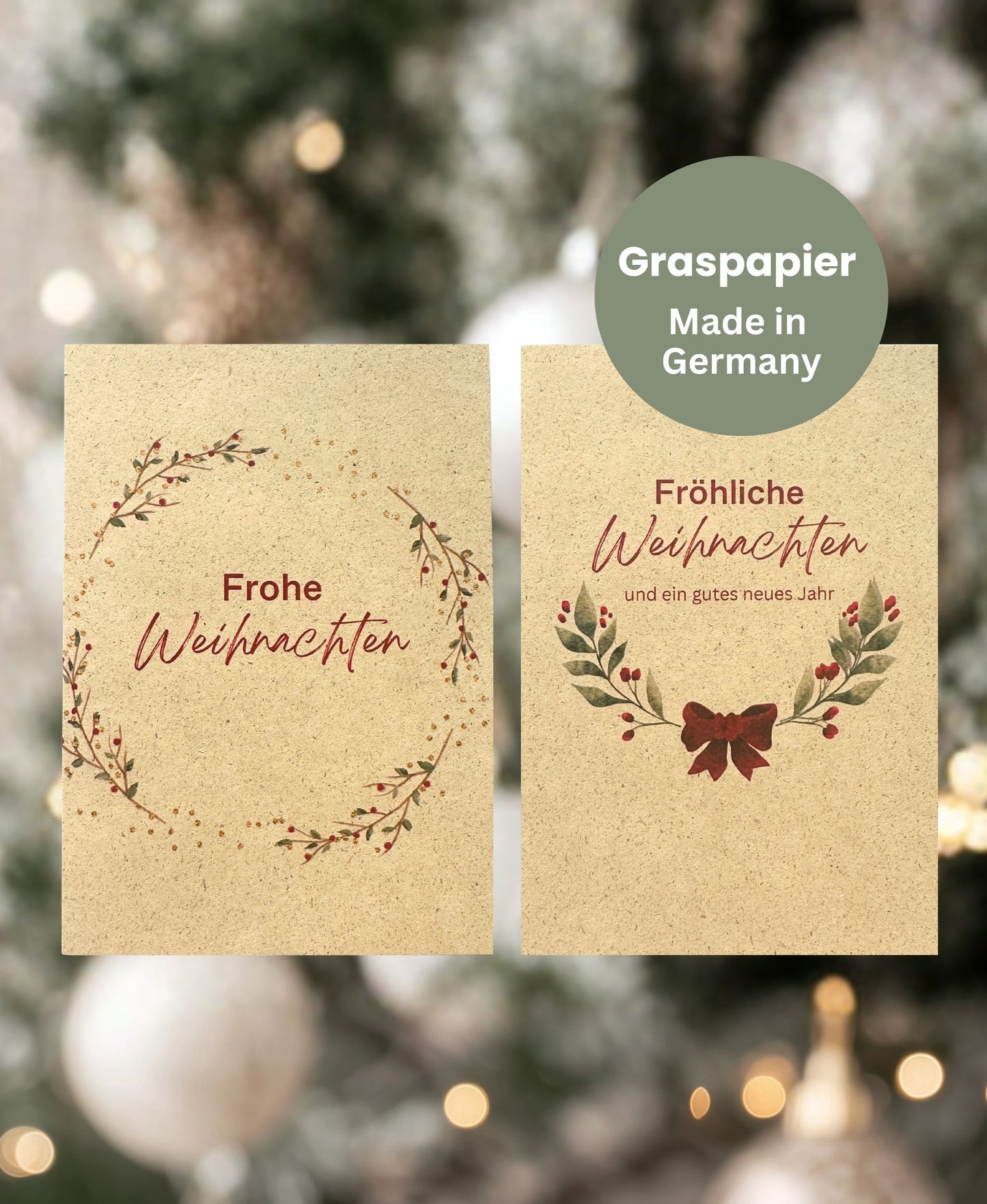 Nachhaltige Weihnachtskarte A6 aus Graspapier mit minimalistischer Aquarell-Gestaltung – 2er Set