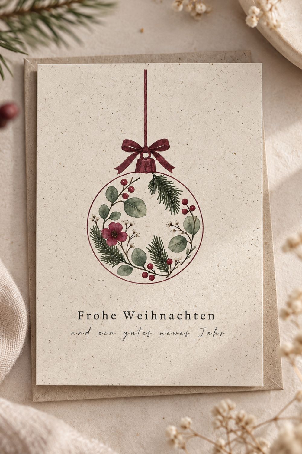 Weihnachtskarte „Frohe Weihnachten und ein gutes neues Jahr“ – Christbaumkugel