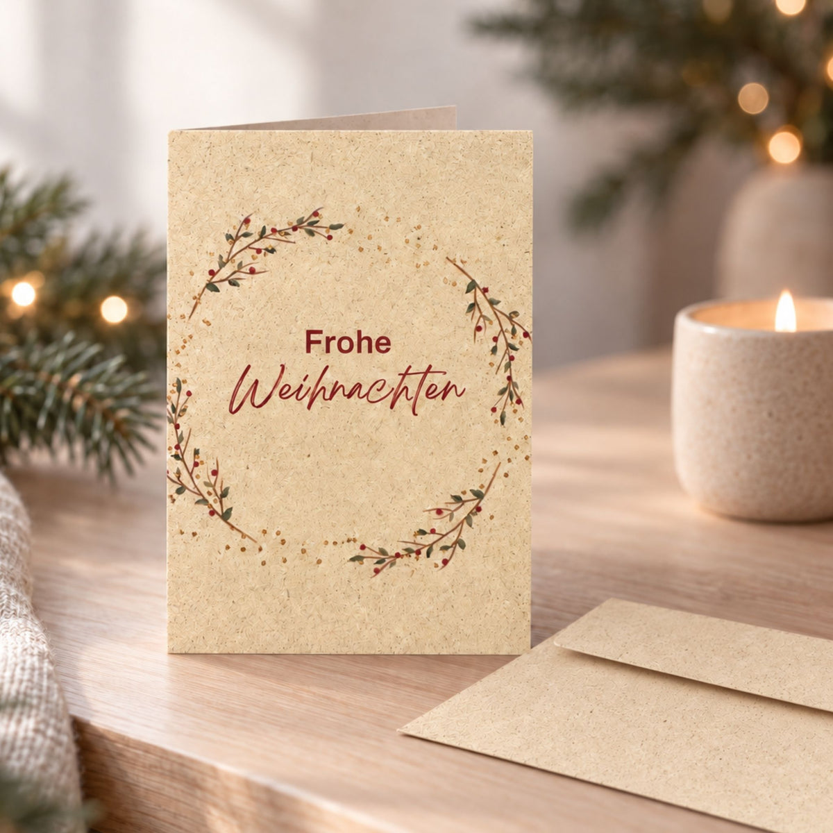 Weihnachtskarte aus Graspapier mit Aquarell-Motiv im Weihnachtsambiente