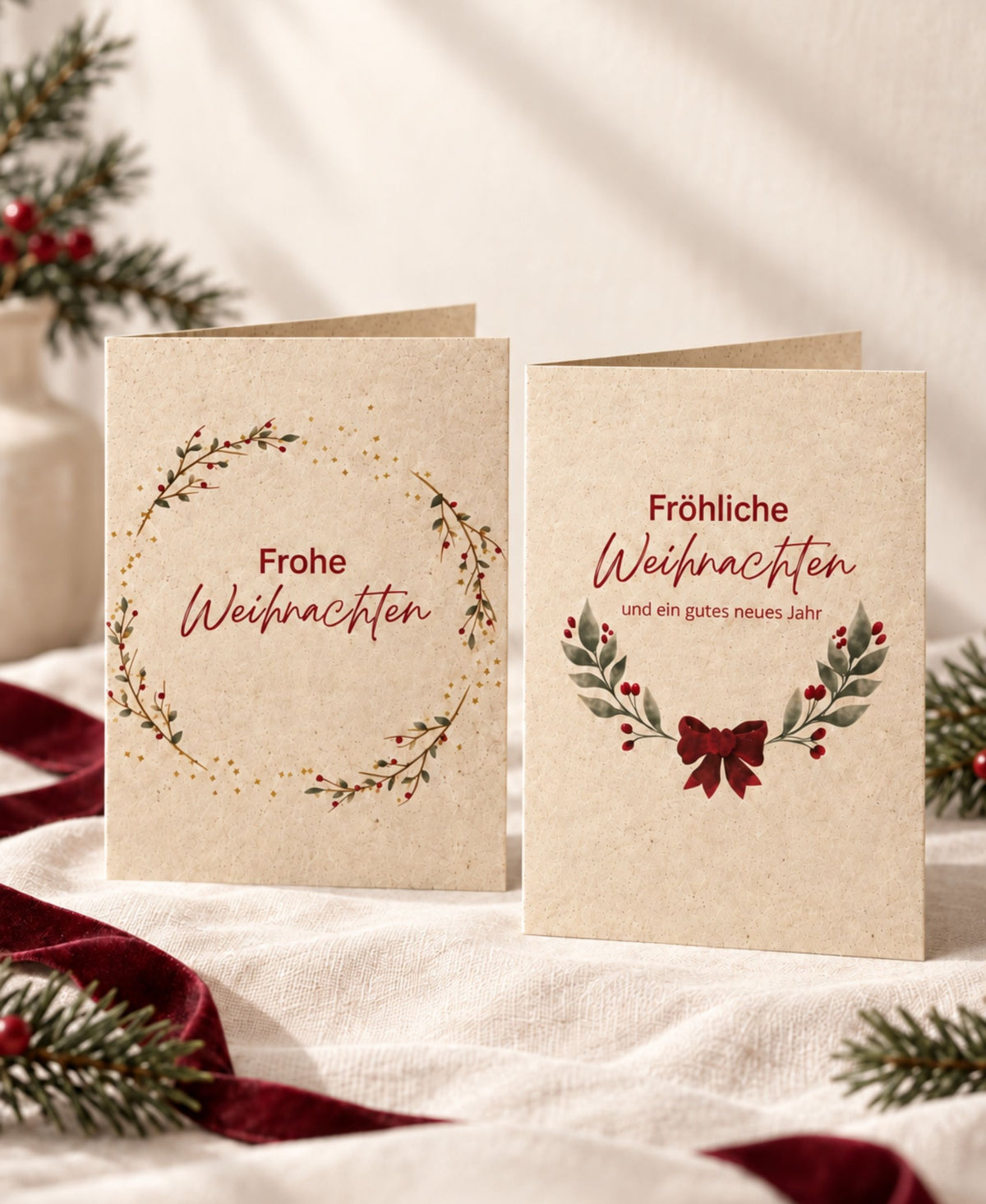 Nachhaltige Weihnachtskarten aus Graspapier – 2er Set A6 Klappkarten