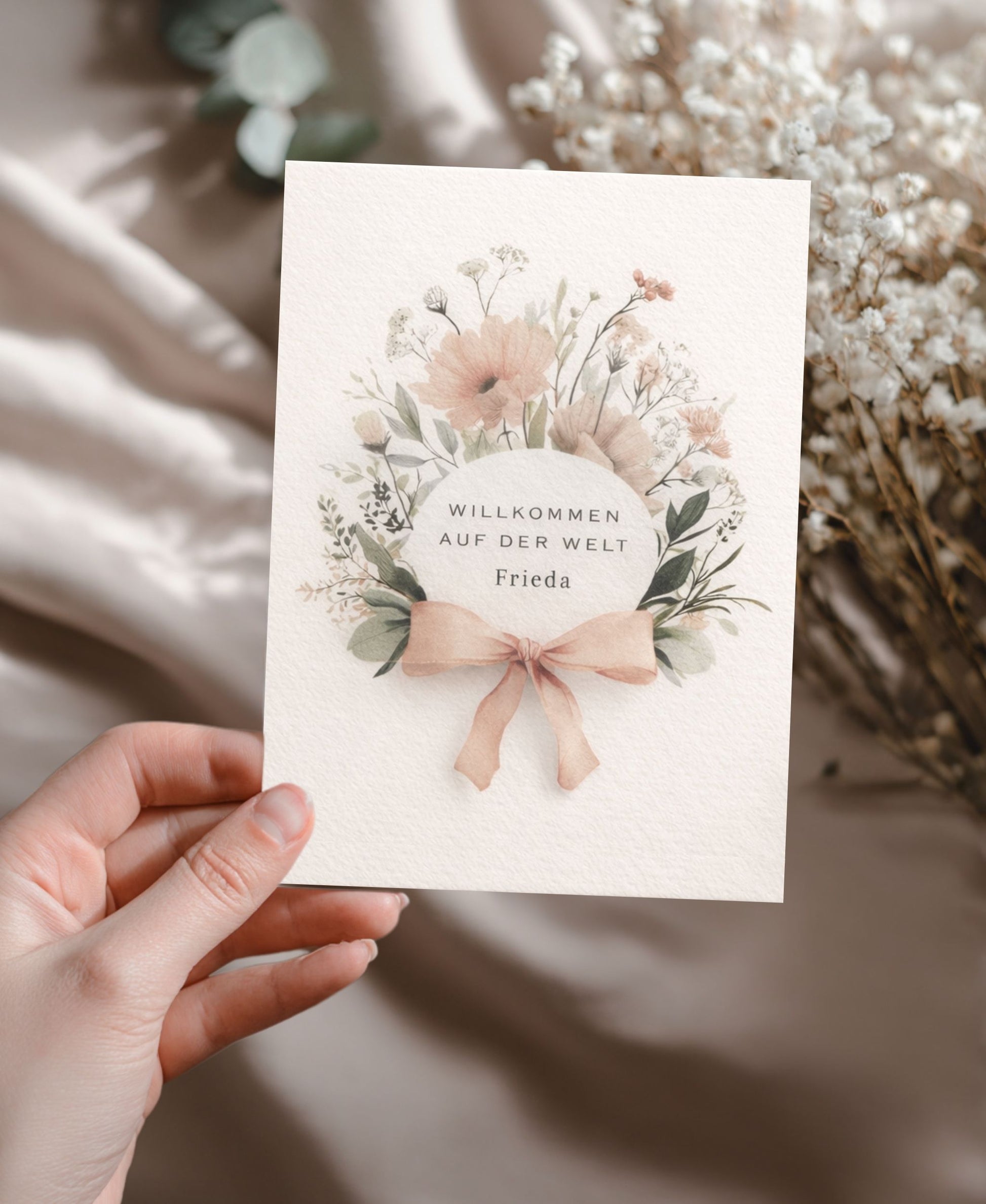 Aquarell Geburtskarte mit personalisiertem Babynamen im floralen Design, moderne Babykarte A6 für Glückwünsche zur Geburt