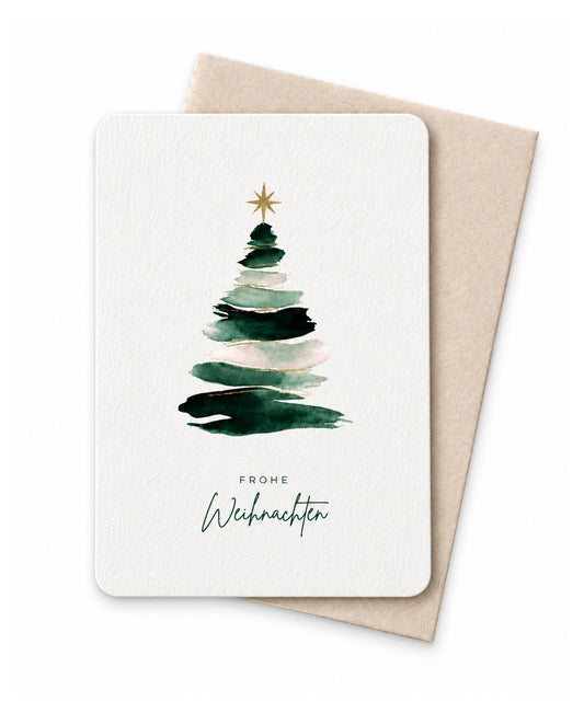 Weihnachtskarte mit Aquarell-Tannenbaum und passendem Umschlag